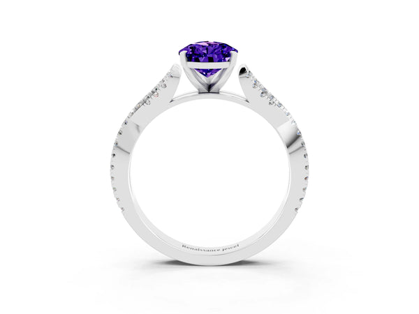 Platinum Pear Cut Tanzanite Solitaire Engagement Ring with Twisted Pavé Band and Four-Prong Setting