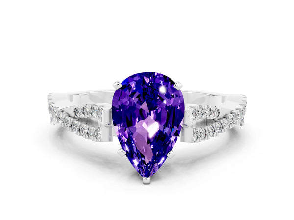 Silver Pear Cut Tanzanite Solitaire Engagement Ring with Twisted Pavé Band and Four-Prong Setting