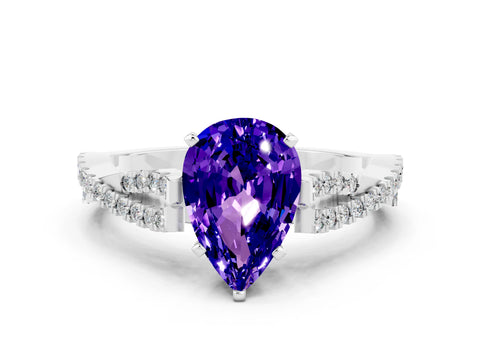 White gold Pear Cut Tanzanite Solitaire Engagement Ring with Twisted Pavé Band and Four-Prong Setting