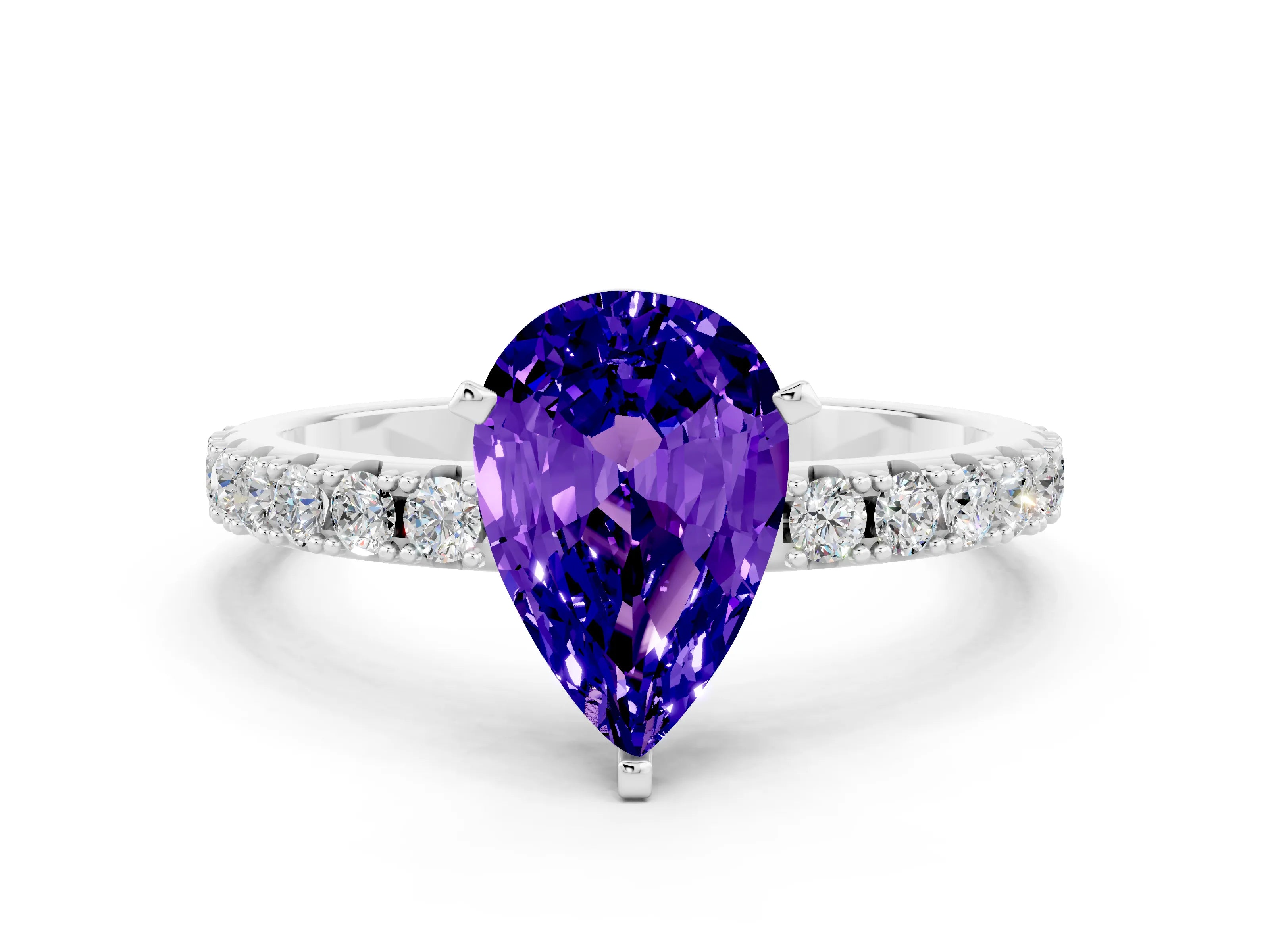 White gold Pear Cut Tanzanite Solitaire Pavé Band with Four-Prong Setting