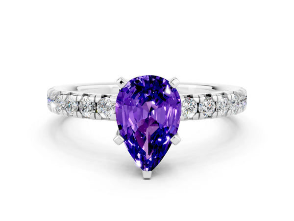 Platinum Pear Cut Tanzanite Solitaire Pavé Engagement Ring with Round Band and Prong Setting