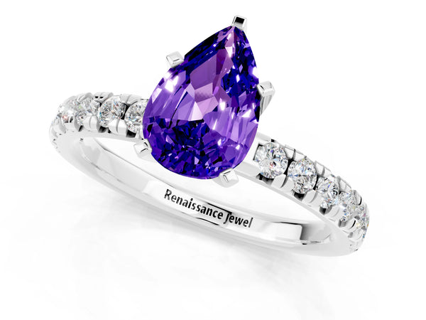 Platinum Pear Cut Tanzanite Solitaire Pavé Engagement Ring with Round Band and Prong Setting