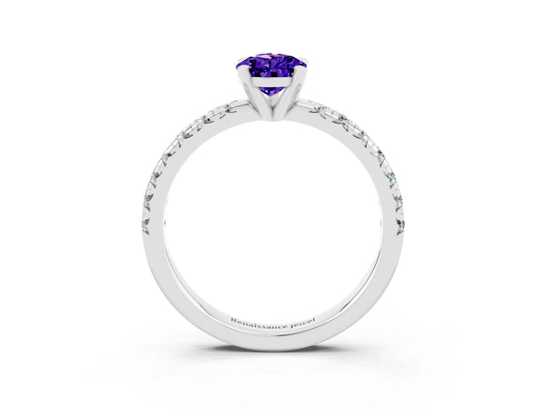 Platinum Pear Cut Tanzanite Solitaire Pavé Engagement Ring with Round Band and Prong Setting