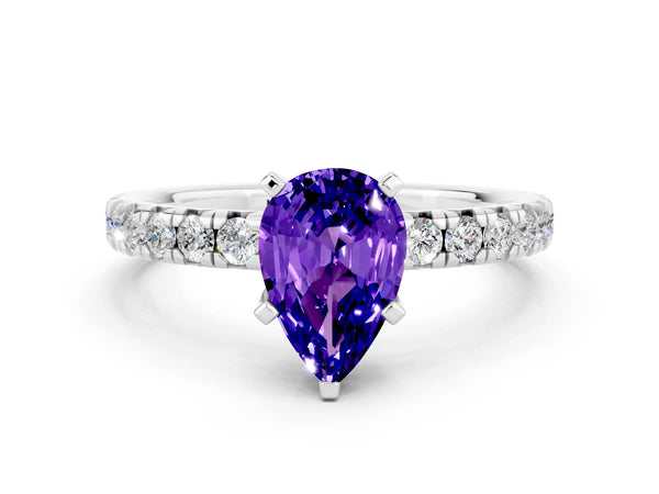 White gold Pear Cut Tanzanite Solitaire Pavé Engagement Ring with Round Band and Prong Setting