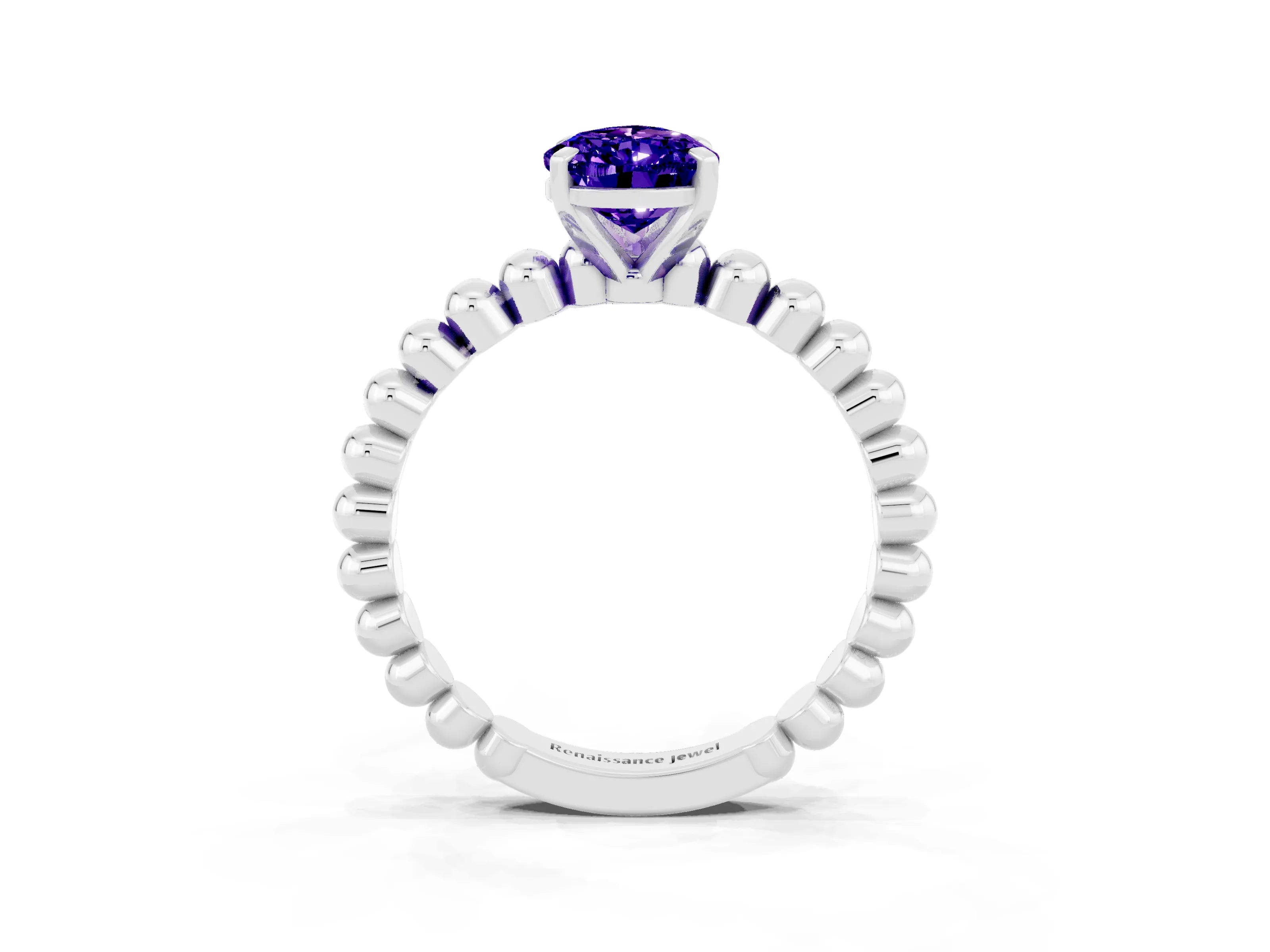 White gold Pear Cut Tanzanite Solitaire Ring with Beaded Band and Prong Setting_33