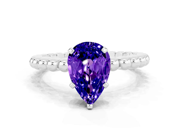 White gold Pear Cut Tanzanite Solitaire Ring with Beaded Band and Prong Setting