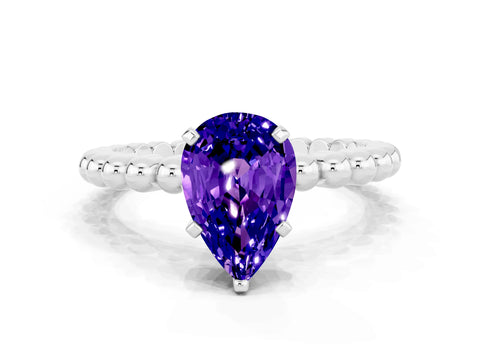 White gold Pear Cut Tanzanite Solitaire Ring with Beaded Band and Prong Setting_42