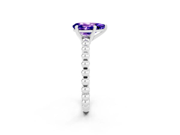 White gold Pear Cut Tanzanite Solitaire Ring with Beaded Band and Prong Setting