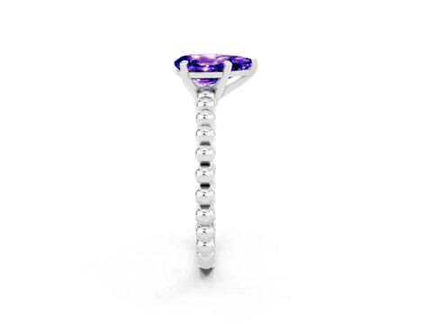 White gold Pear Cut Tanzanite Solitaire Ring with Beaded Band and Prong Setting_44