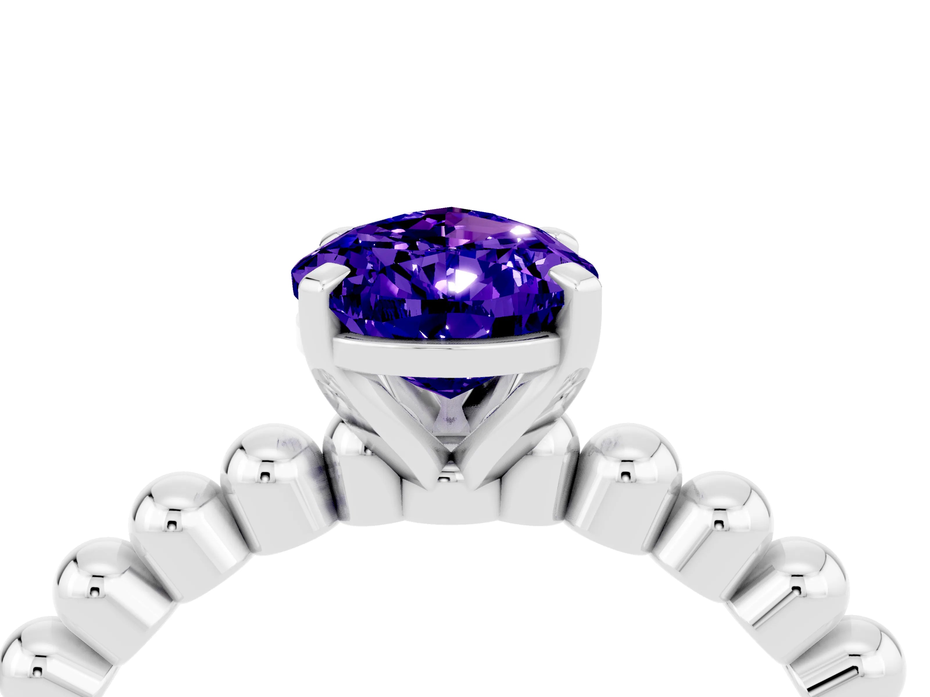 White gold Pear Cut Tanzanite Solitaire Ring with Beaded Band and Prong Setting_46