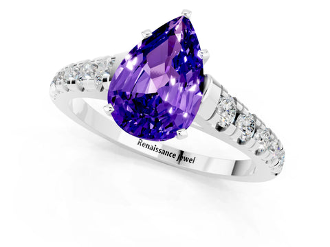 White gold Pear Cut Tanzanite Solitaire Ring with Cathedral Setting and Pavé Band_1