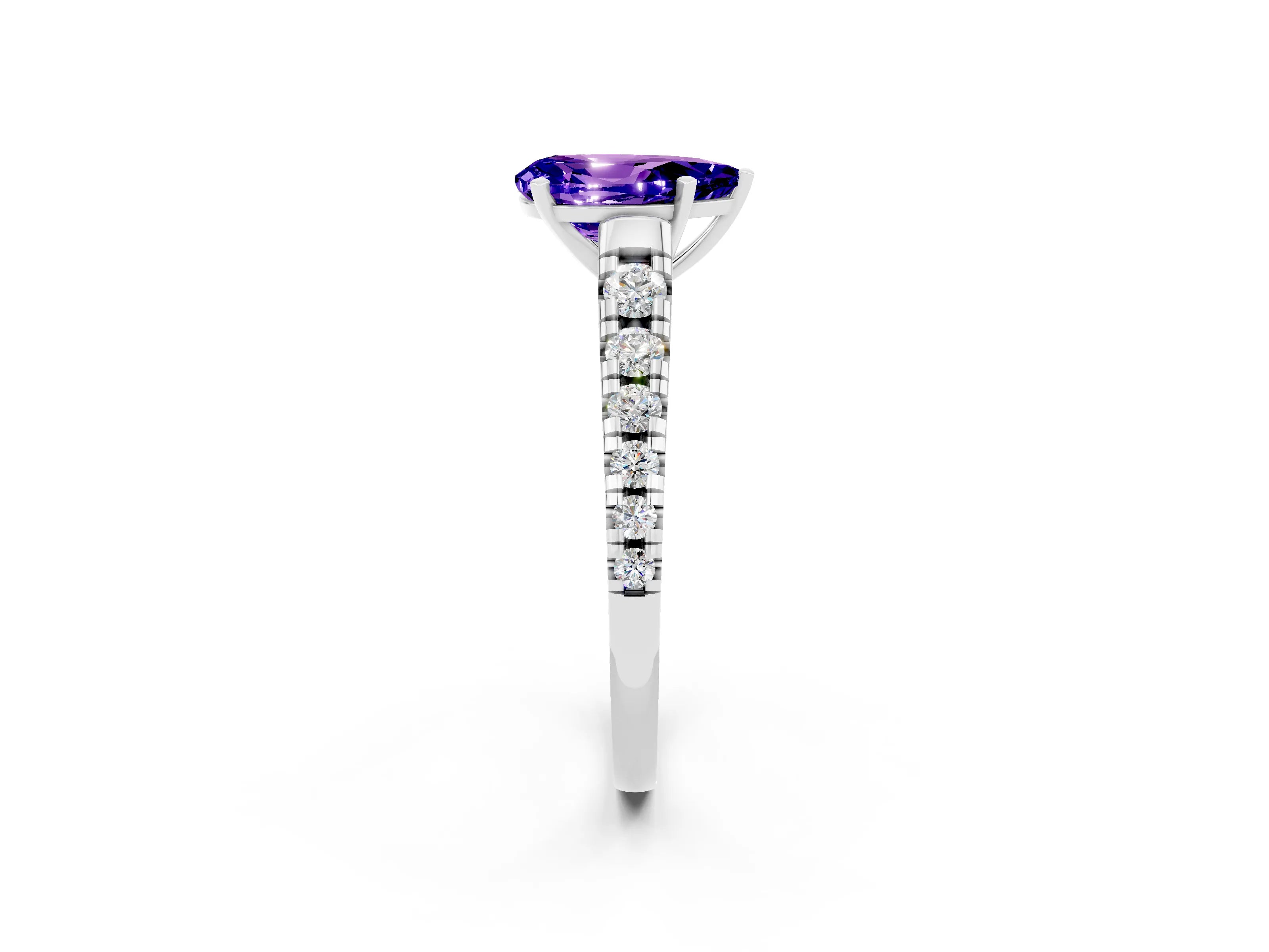 White gold Pear Cut Tanzanite Solitaire Ring with Cathedral Setting and Pavé Band_2