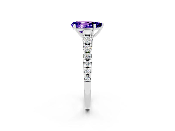 Platinum Pear Cut Tanzanite Cathedral Solitaire Ring with Round  Pavé Band