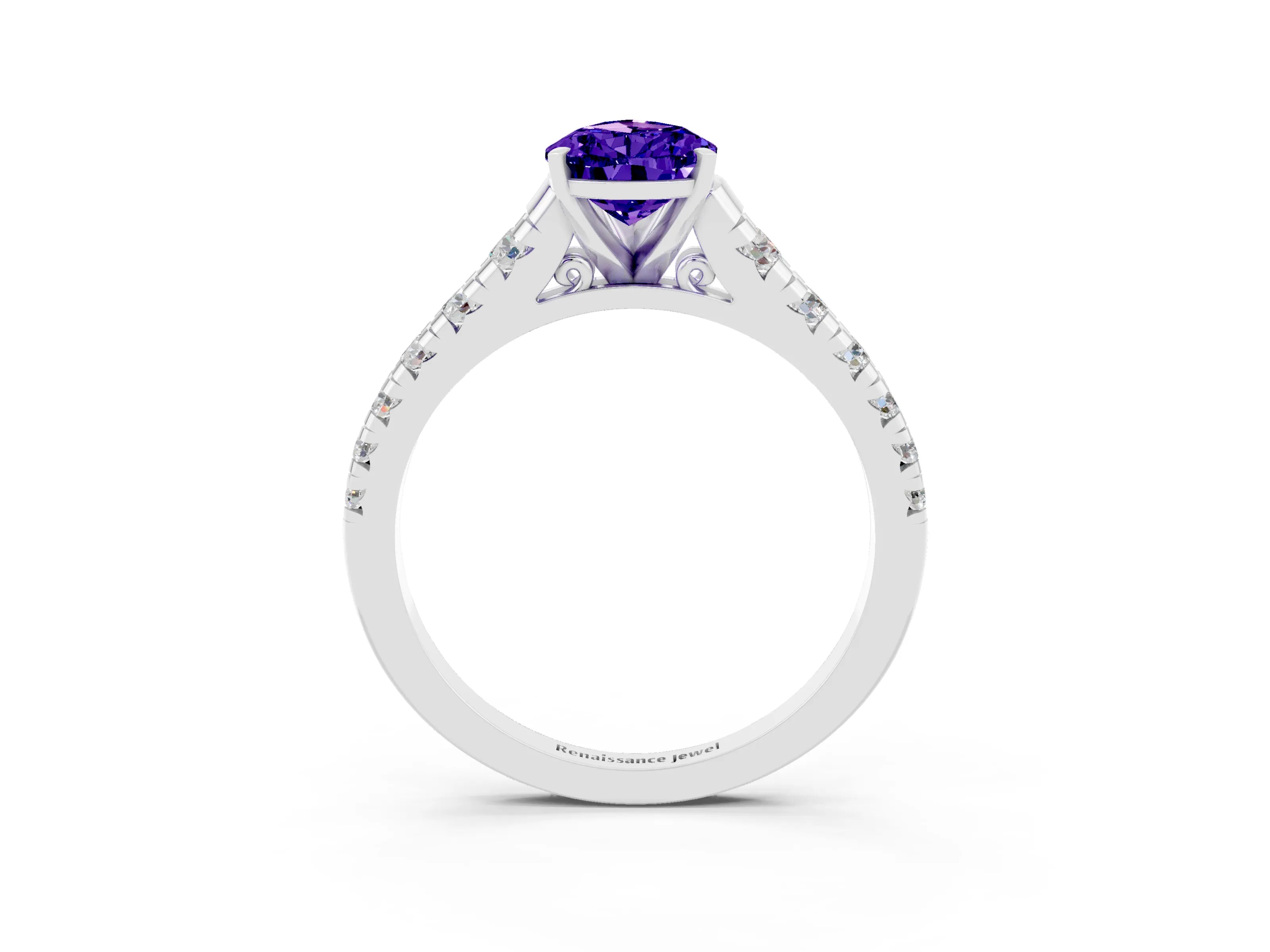White gold Pear Cut Tanzanite Solitaire Ring with Cathedral Setting and Pavé Band_3