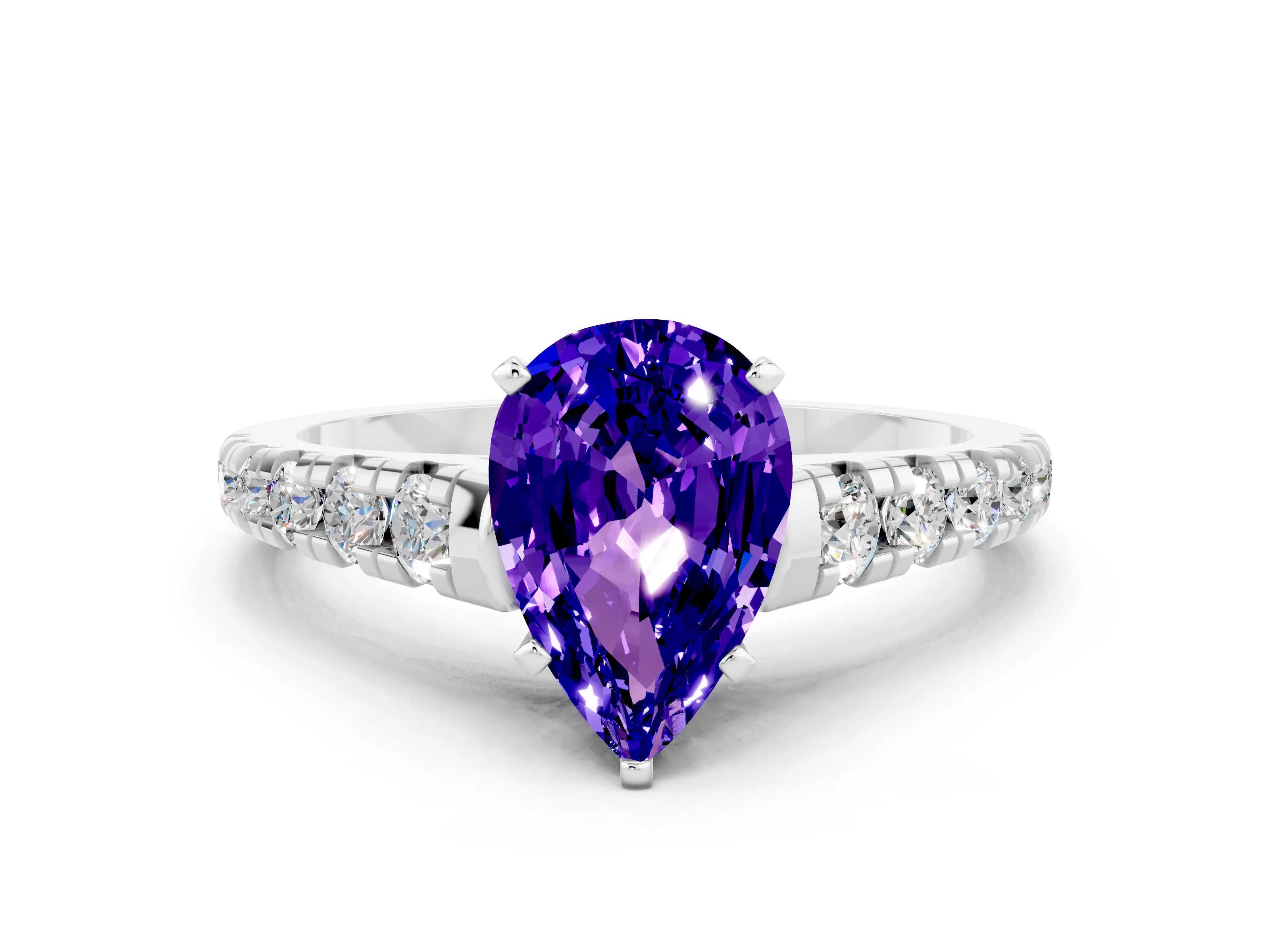 White gold Pear Cut Tanzanite Solitaire Ring with Cathedral Setting and Pavé Band
