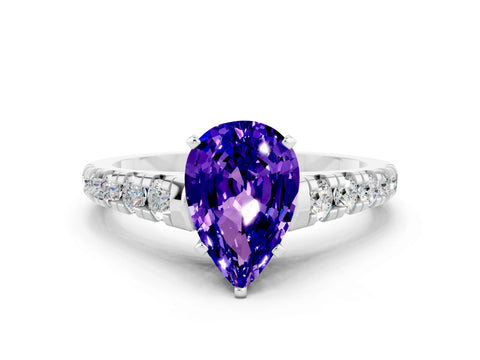 White gold Pear Cut Tanzanite Solitaire Ring with Cathedral Setting and Pavé Band
