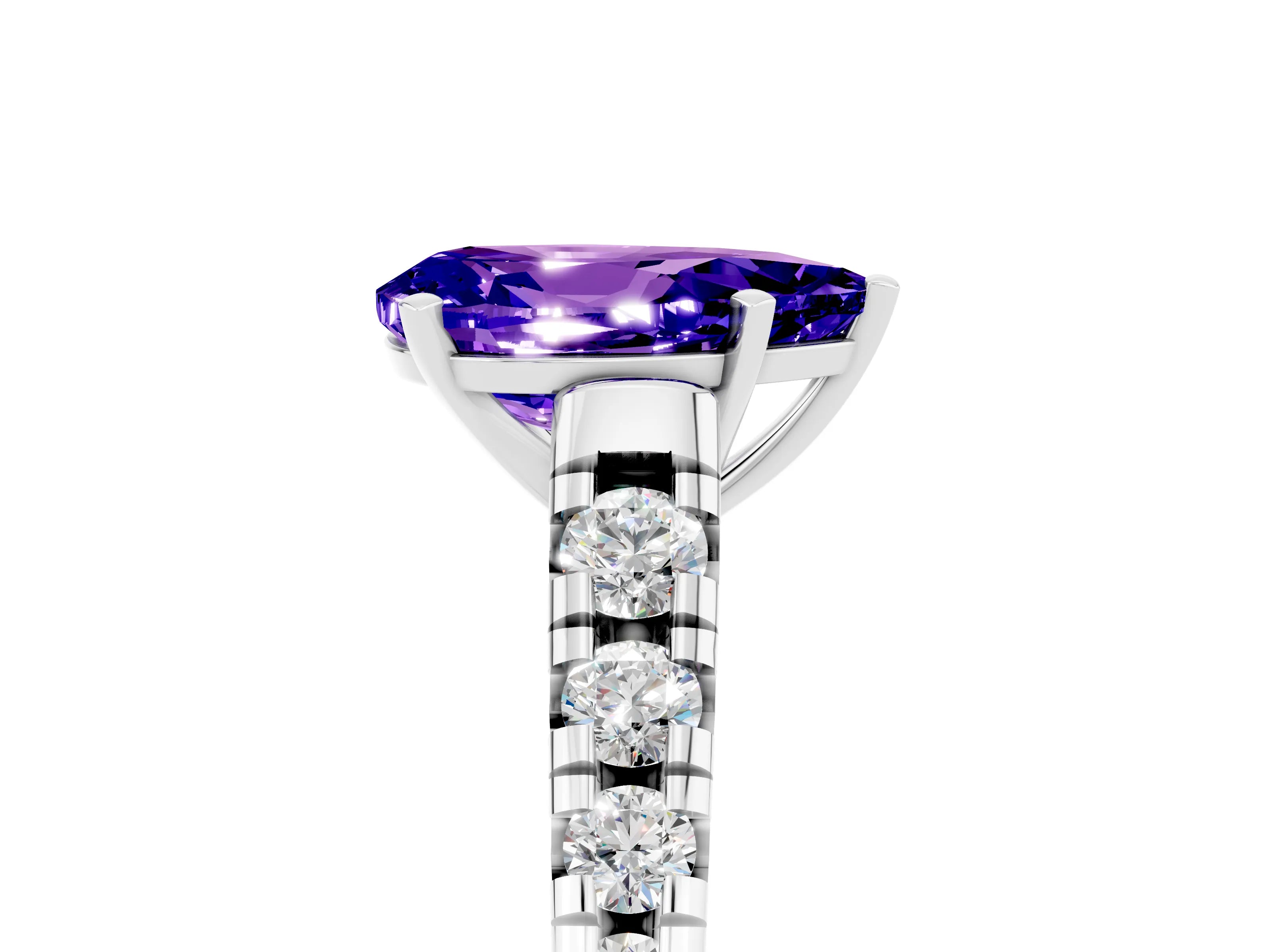 White gold Pear Cut Tanzanite Solitaire Ring with Cathedral Setting and Pavé Band_5