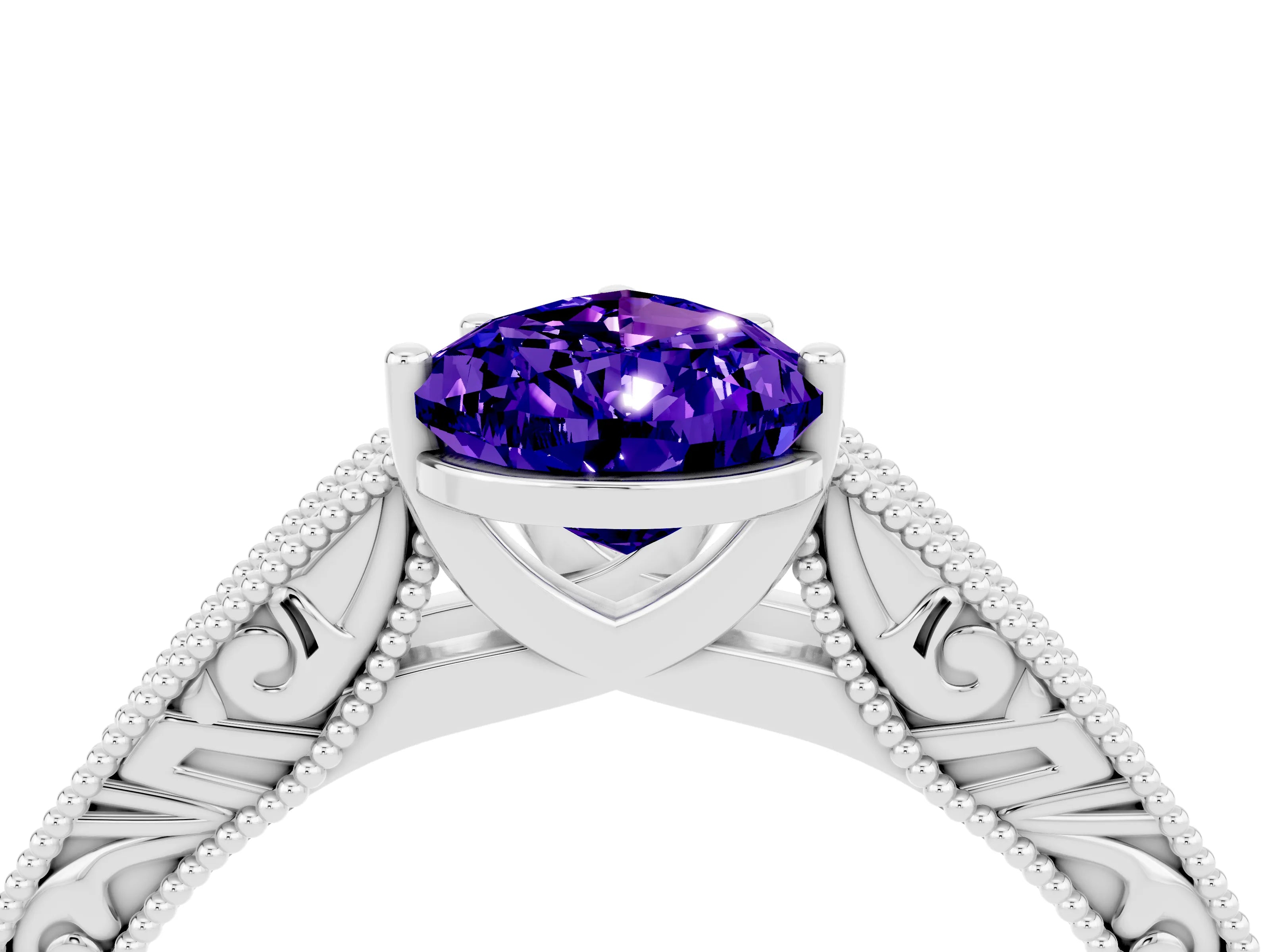 White gold Pear Cut Tanzanite Solitaire Ring with Engraved Band and Four-Prong Setting_4