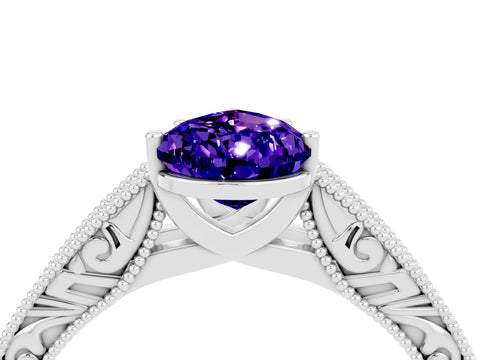 White gold Pear Cut Tanzanite Solitaire Ring with Engraved Band and Four-Prong Setting_4