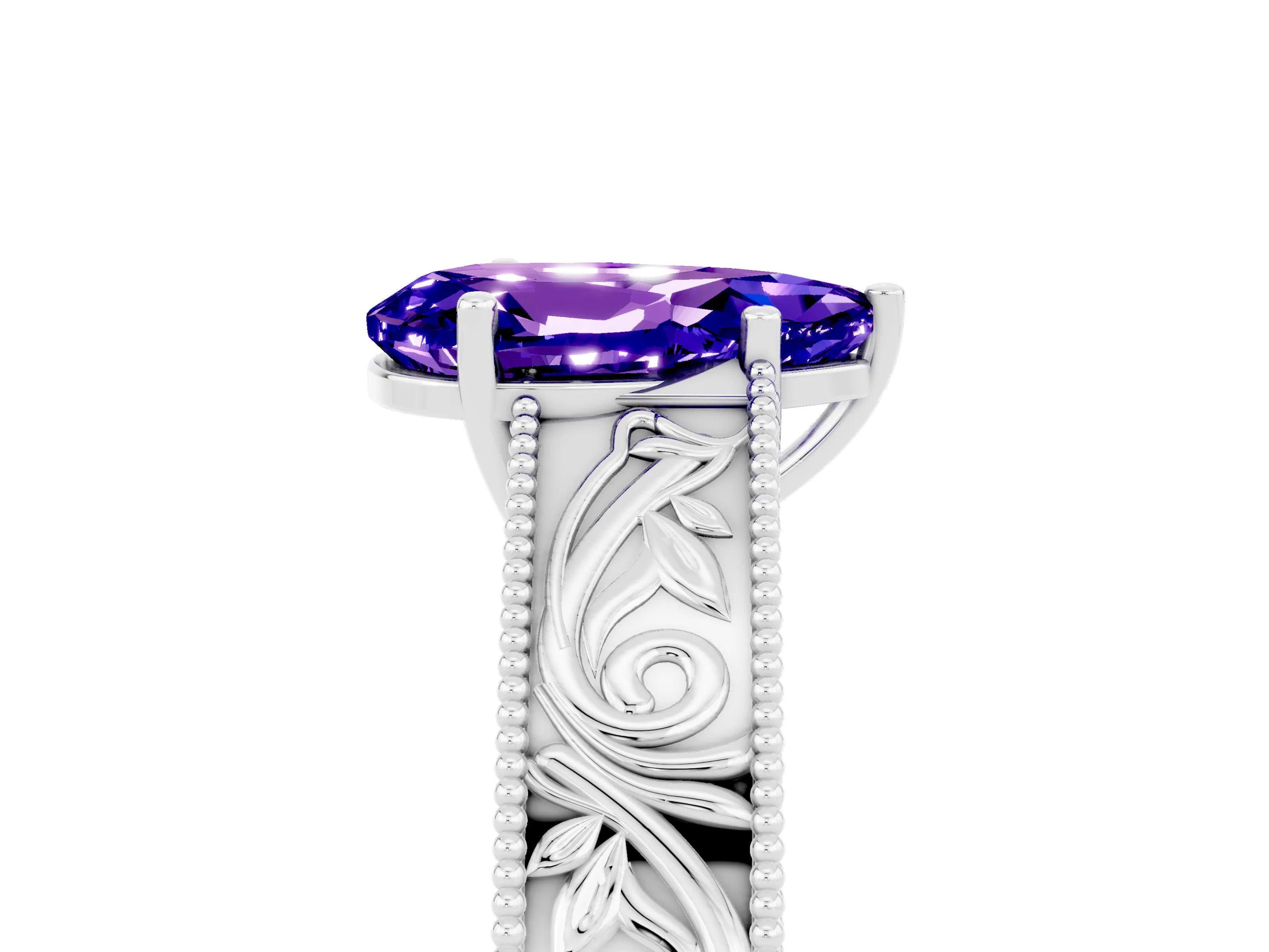 White gold Pear Cut Tanzanite Solitaire Ring with Engraved Band and Four-Prong Setting_5