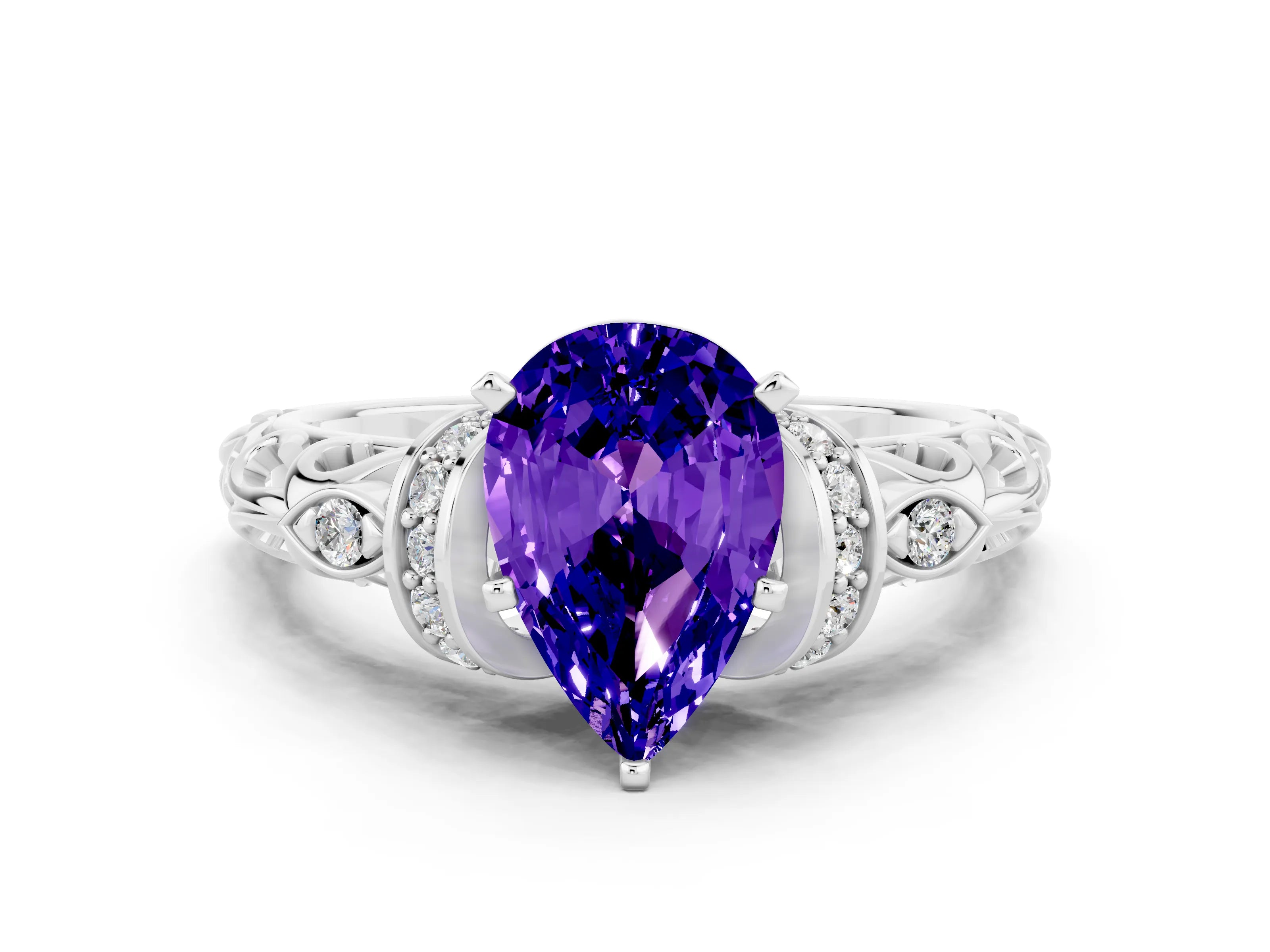 White gold Pear Cut Tanzanite Solitaire Ring with Filigree Band and Four-Prong Setting_36