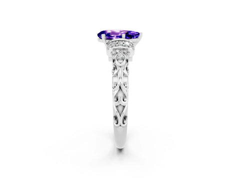 White gold Pear Cut Tanzanite Solitaire Ring with Filigree Band and Four-Prong Setting_38