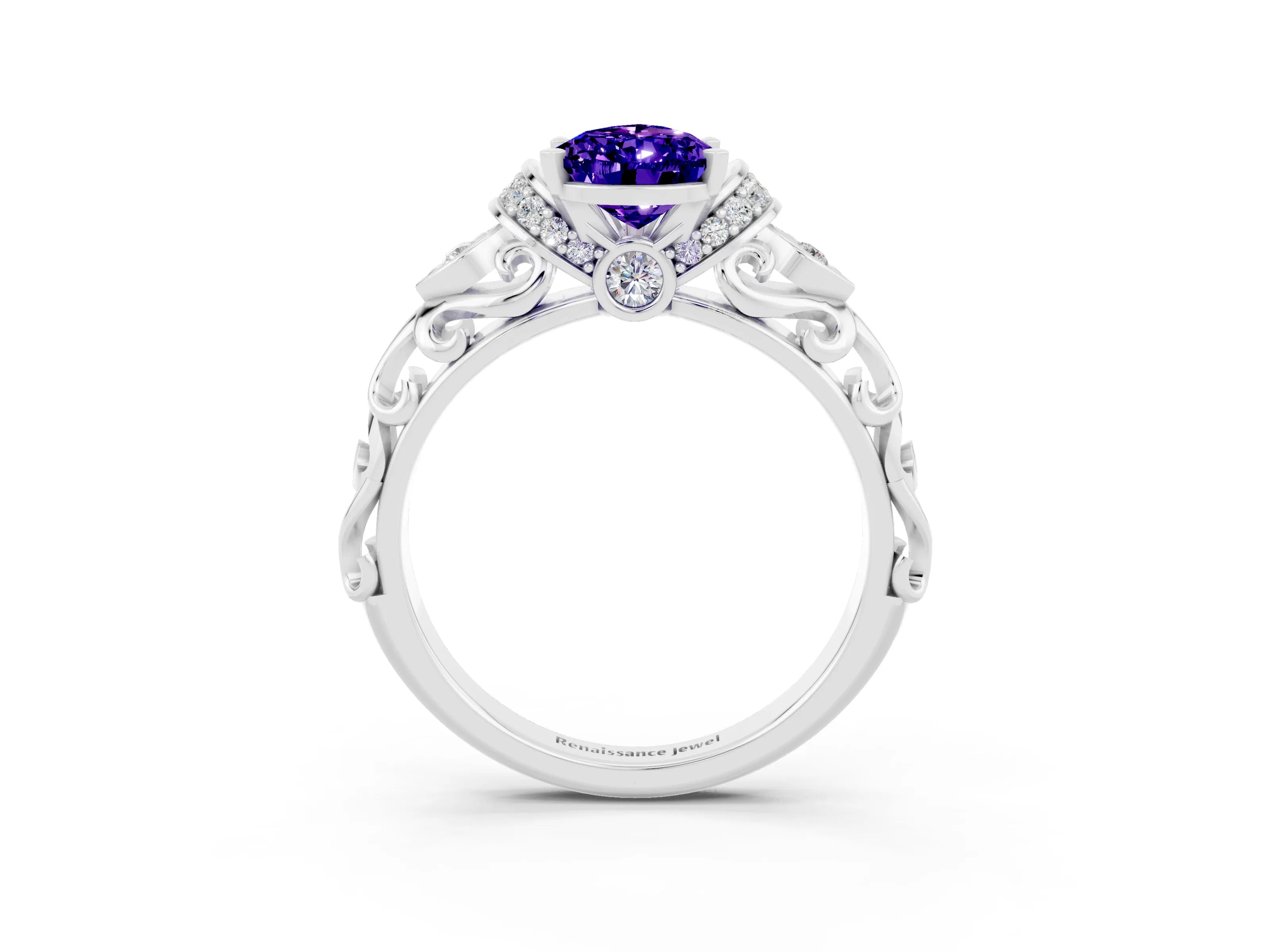 White gold Pear Cut Tanzanite Solitaire Ring with Filigree Band and Four-Prong Setting_39