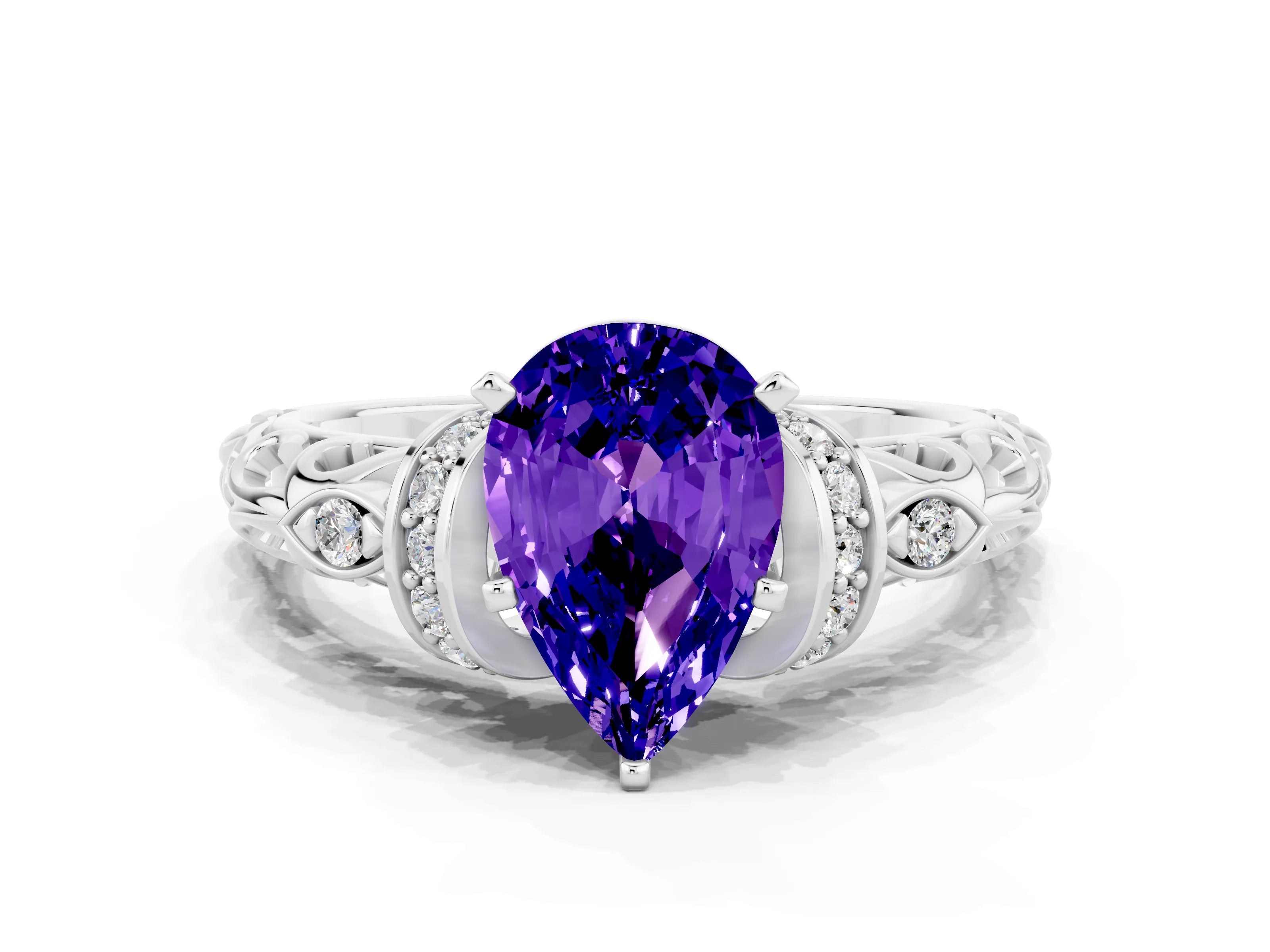 White gold Pear Cut Tanzanite Solitaire Ring with Filigree Band and Four-Prong Setting_45