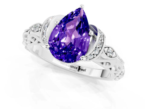 White gold Pear Cut Tanzanite Solitaire Ring with Filigree Band and Four-Prong Setting_46