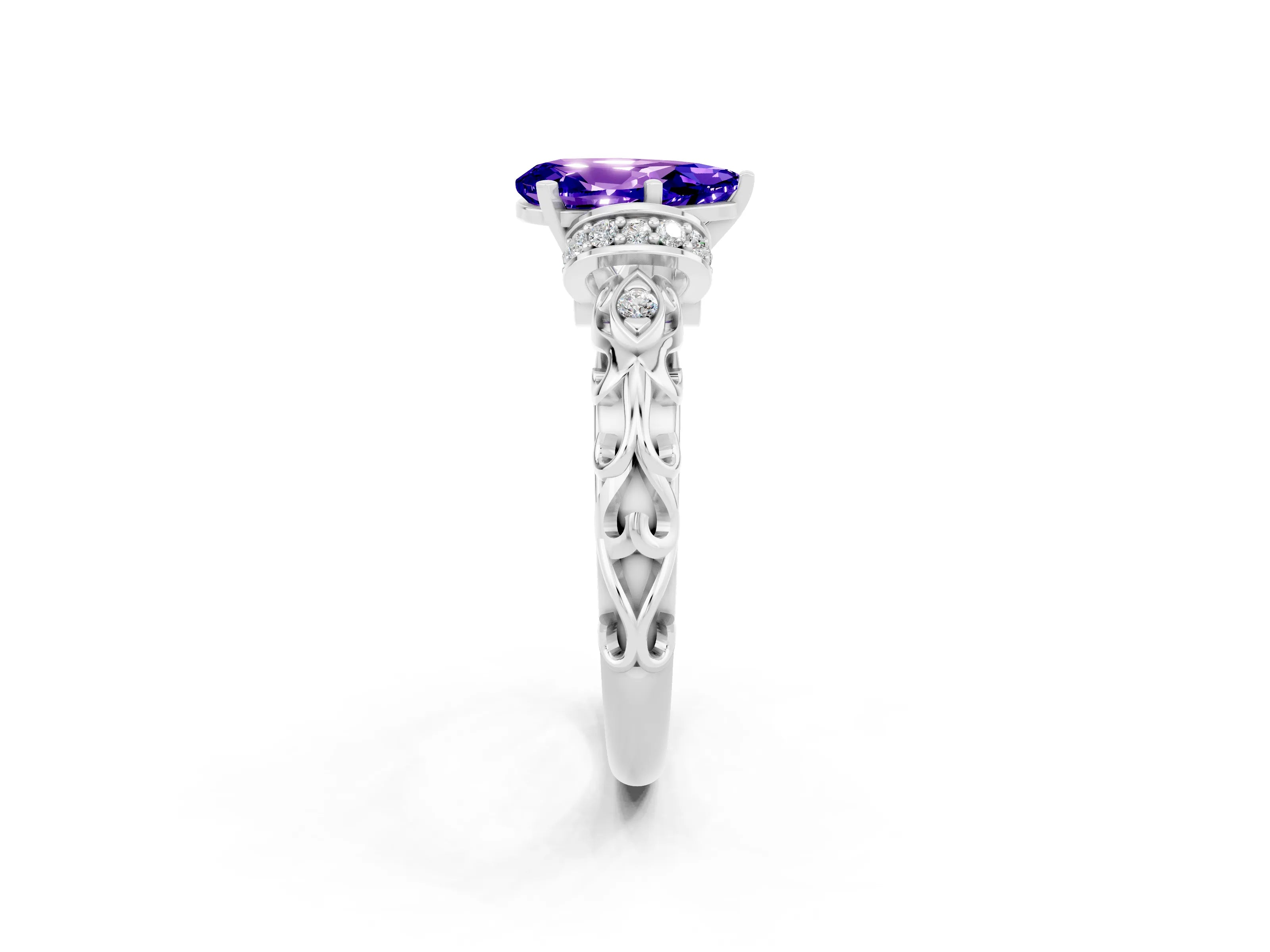 White gold Pear Cut Tanzanite Solitaire Ring with Filigree Band and Four-Prong Setting_50