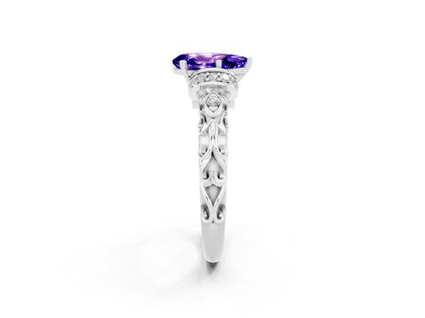 White gold Pear Cut Tanzanite Solitaire Ring with Filigree Band and Four-Prong Setting_50