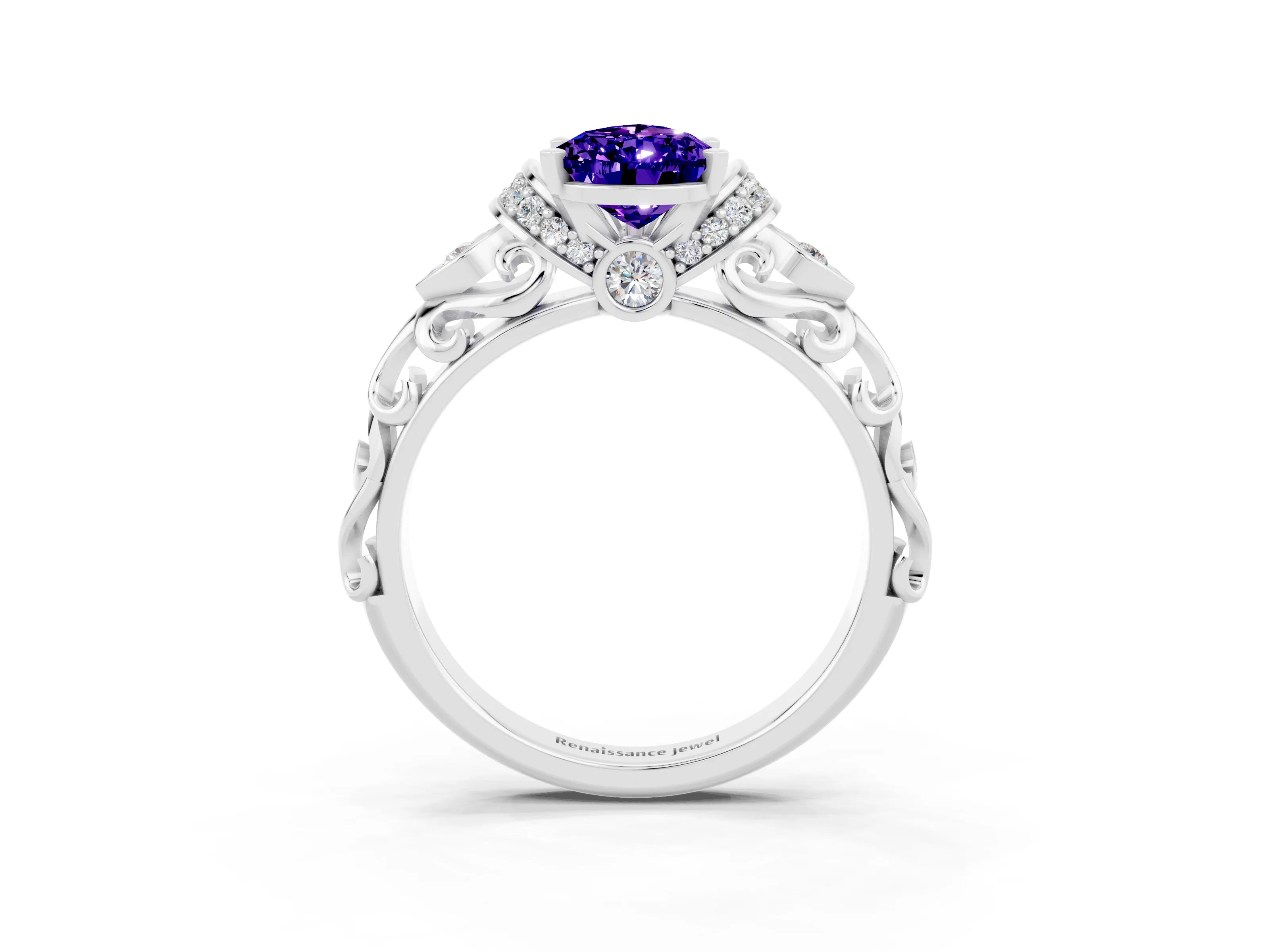 White gold Pear Cut Tanzanite Solitaire Ring with Filigree Band and Four-Prong Setting_51