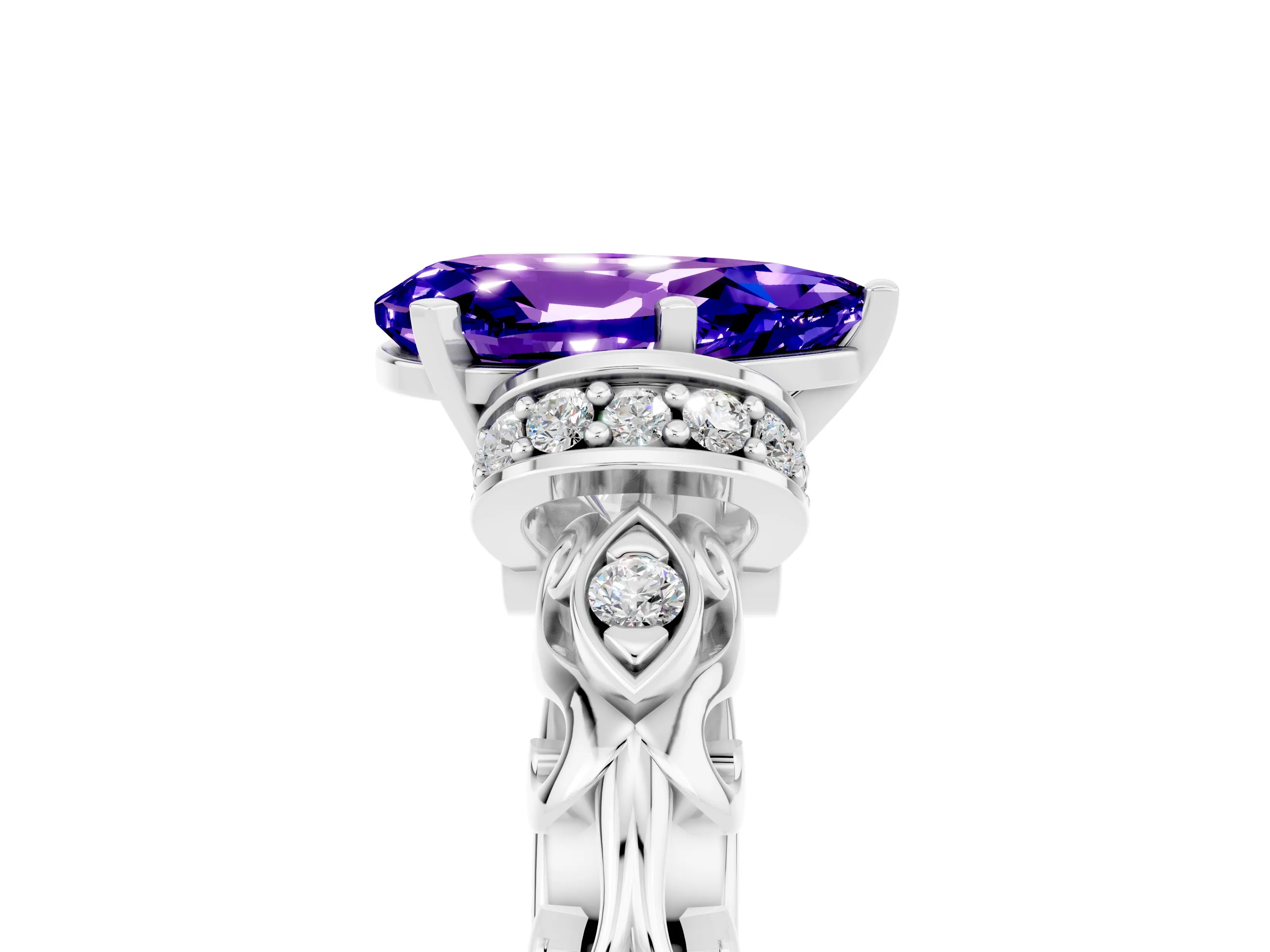 White gold Pear Cut Tanzanite Solitaire Ring with Filigree Band and Four-Prong Setting_53
