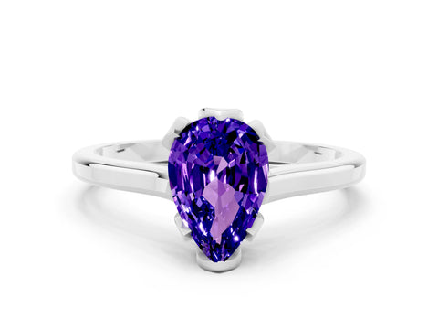White gold Pear Cut Tanzanite Solitaire Ring with Flower Prong Setting and Classic Band_12