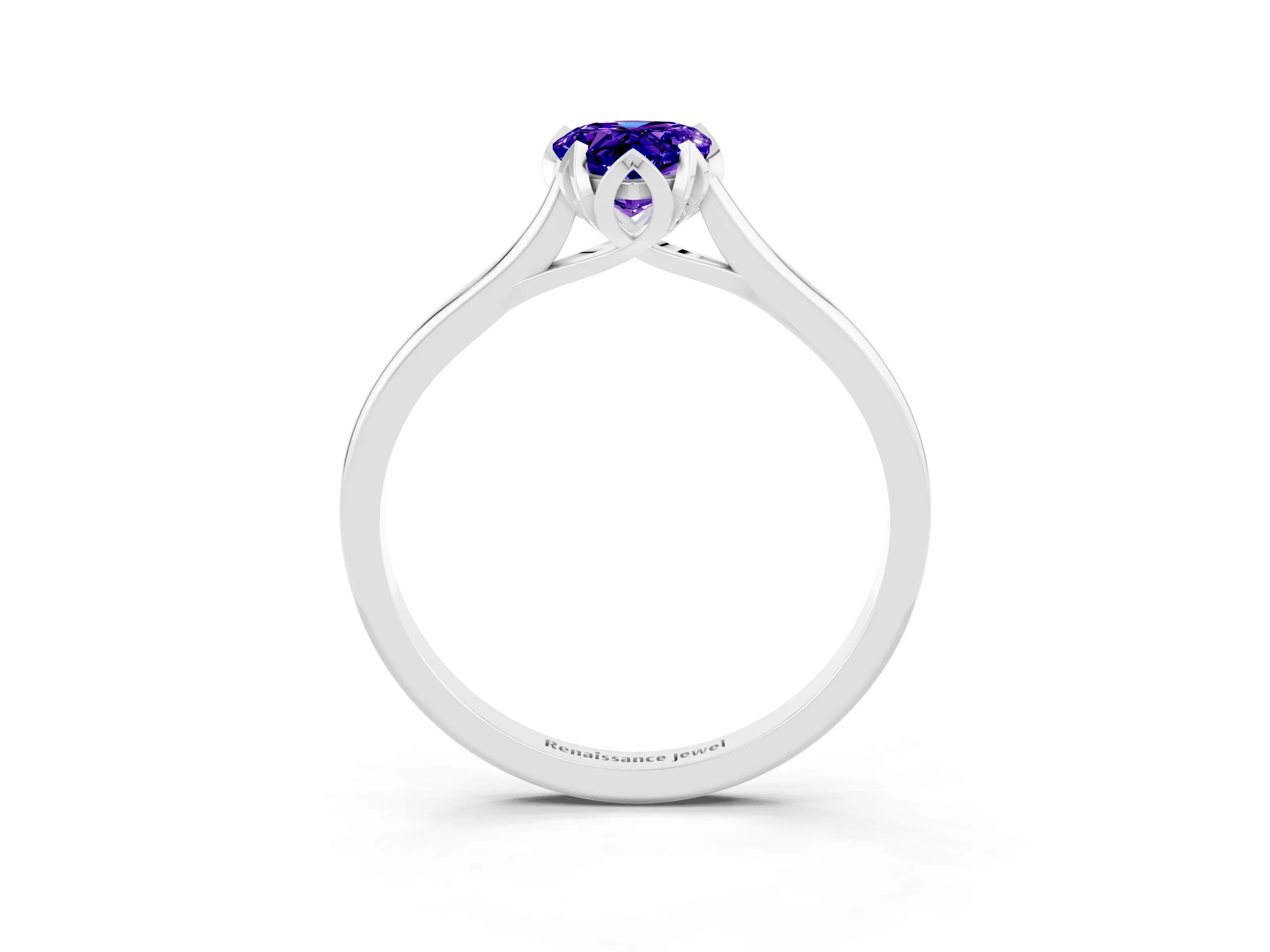 White gold Pear Cut Tanzanite Solitaire Ring with Flower Prong Setting and Classic Band_15