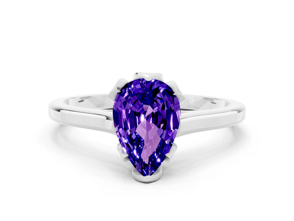 White gold Pear Cut Tanzanite Solitaire Ring with Flower Prong Setting and Classic Band