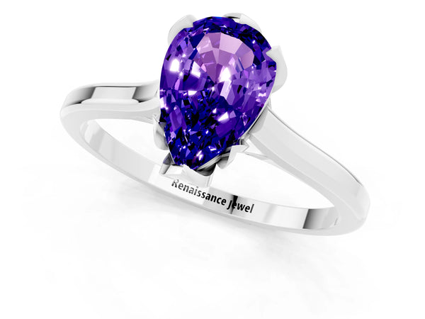 White gold Pear Cut Tanzanite Solitaire Ring with Flower Prong Setting and Classic Band