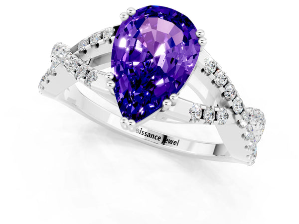 Platinum Pear Cut Tanzanite Solitaire Ring with Four-Prong Setting and Twisted Pavé Band