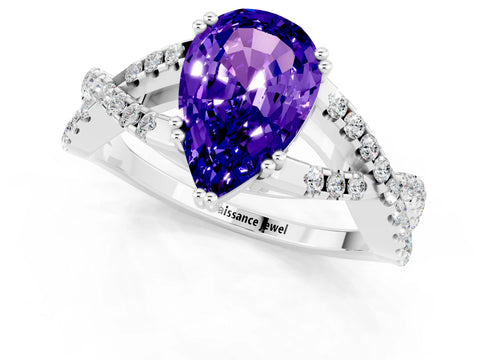 White gold Pear Cut Tanzanite Solitaire Ring with Four-Prong Setting and Twisted Pavé Band_1