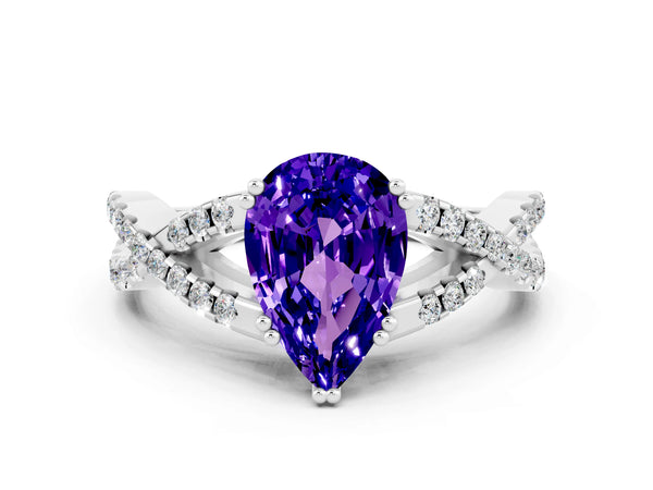 Silver Pear Cut Tanzanite Solitaire Ring with Four-Prong Setting and Twisted Pavé Band