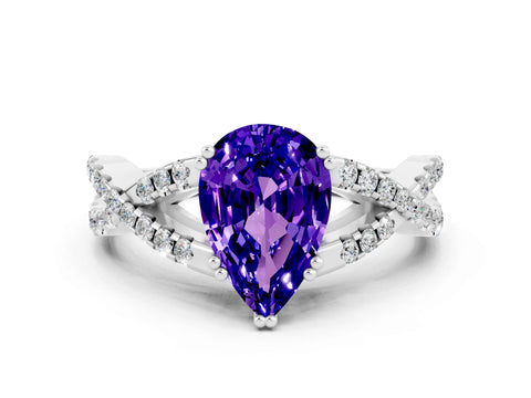 White gold Pear Cut Tanzanite Solitaire Ring with Four-Prong Setting and Twisted Pavé Band