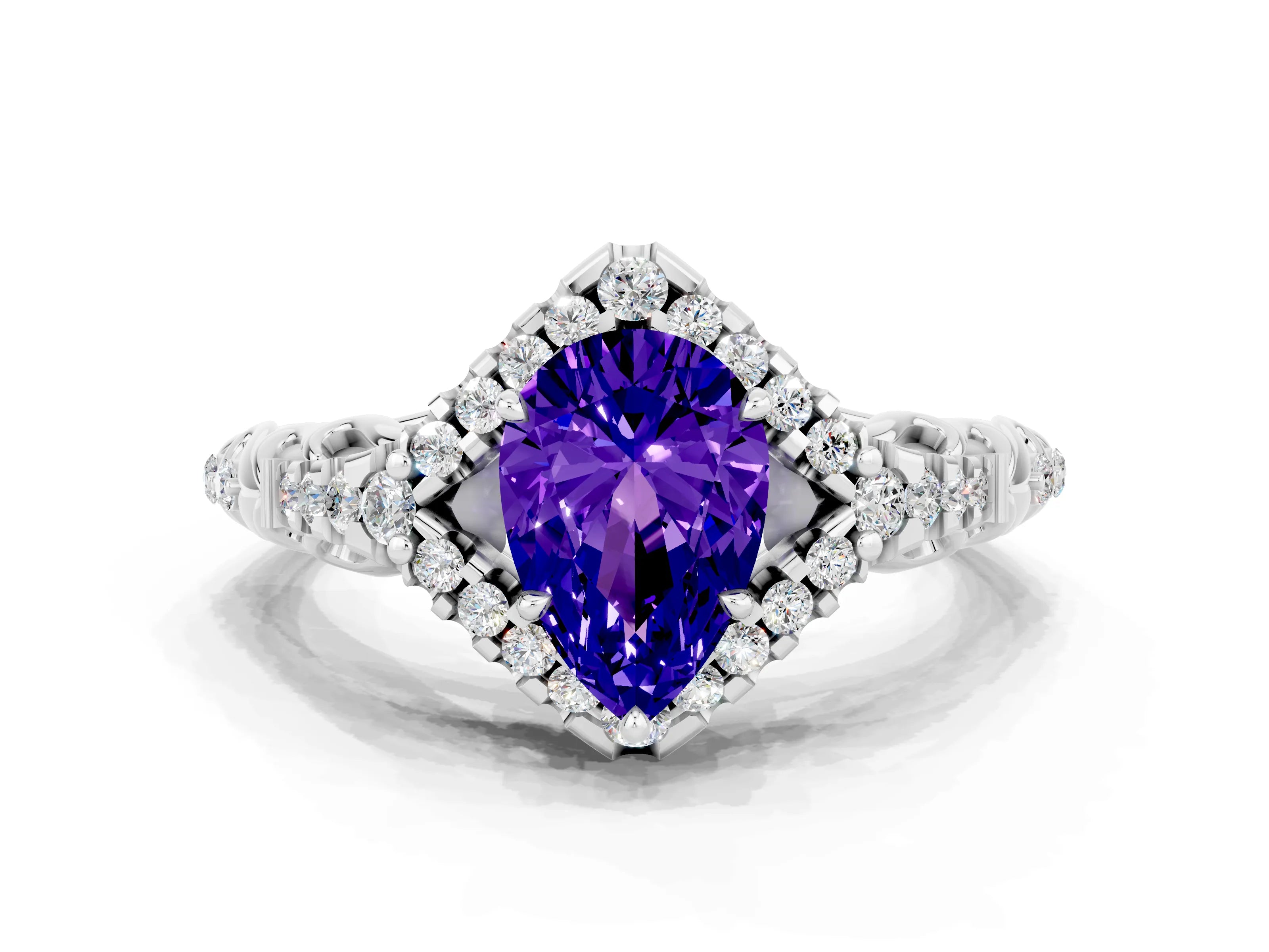 White gold Pear Cut Tanzanite Solitaire Ring with Hidden Halo and Pavé Band_12