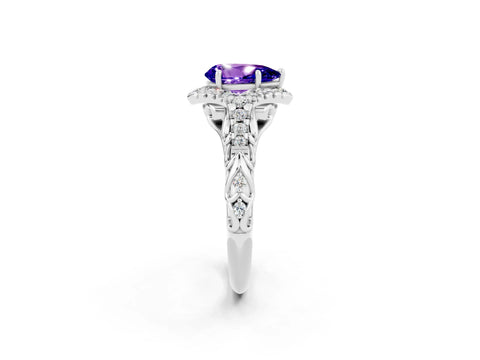 White gold Pear Cut Tanzanite Solitaire Ring with Hidden Halo and Pavé Band_14