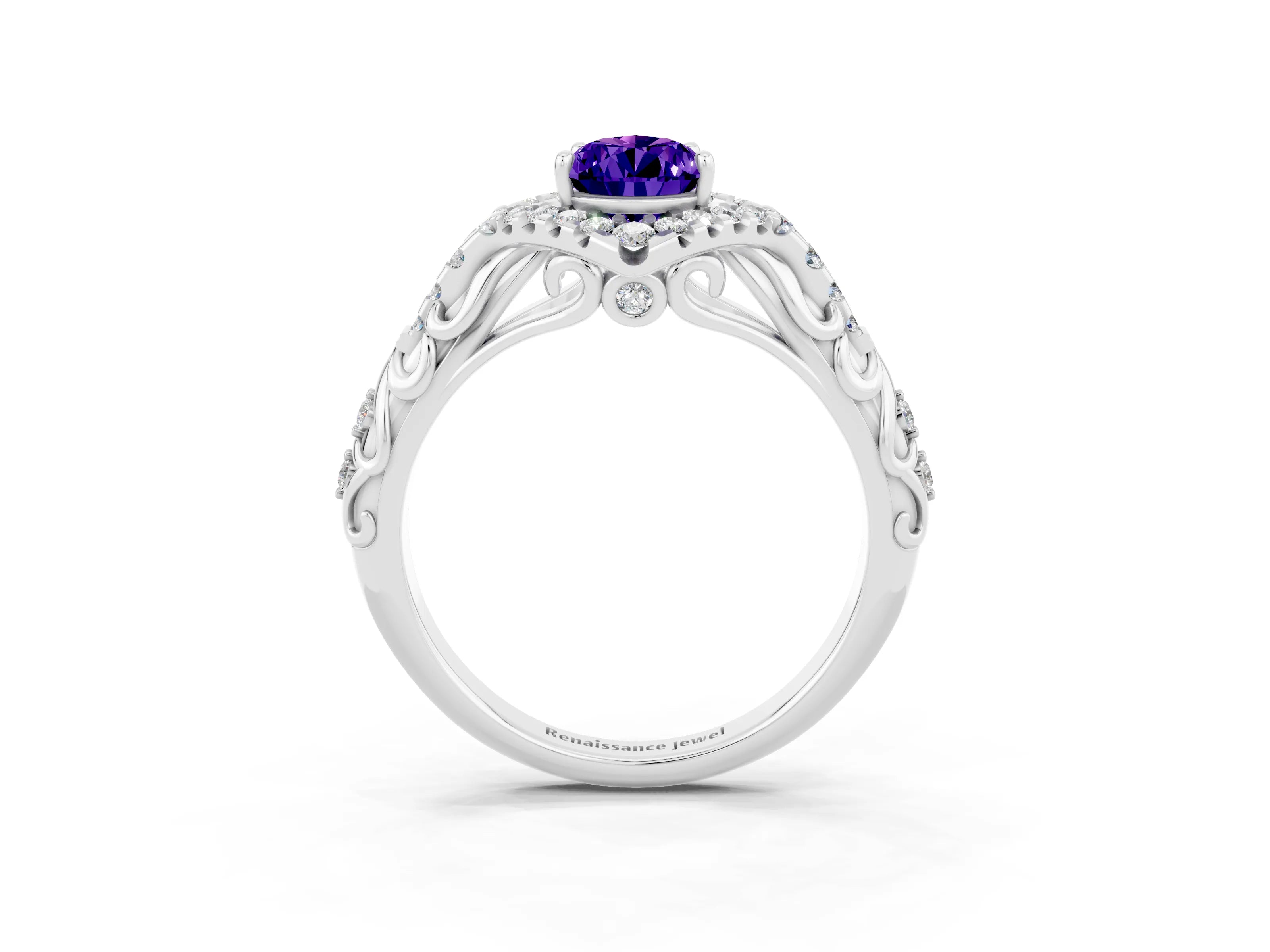 White gold Pear Cut Tanzanite Solitaire Ring with Hidden Halo and Pavé Band_15