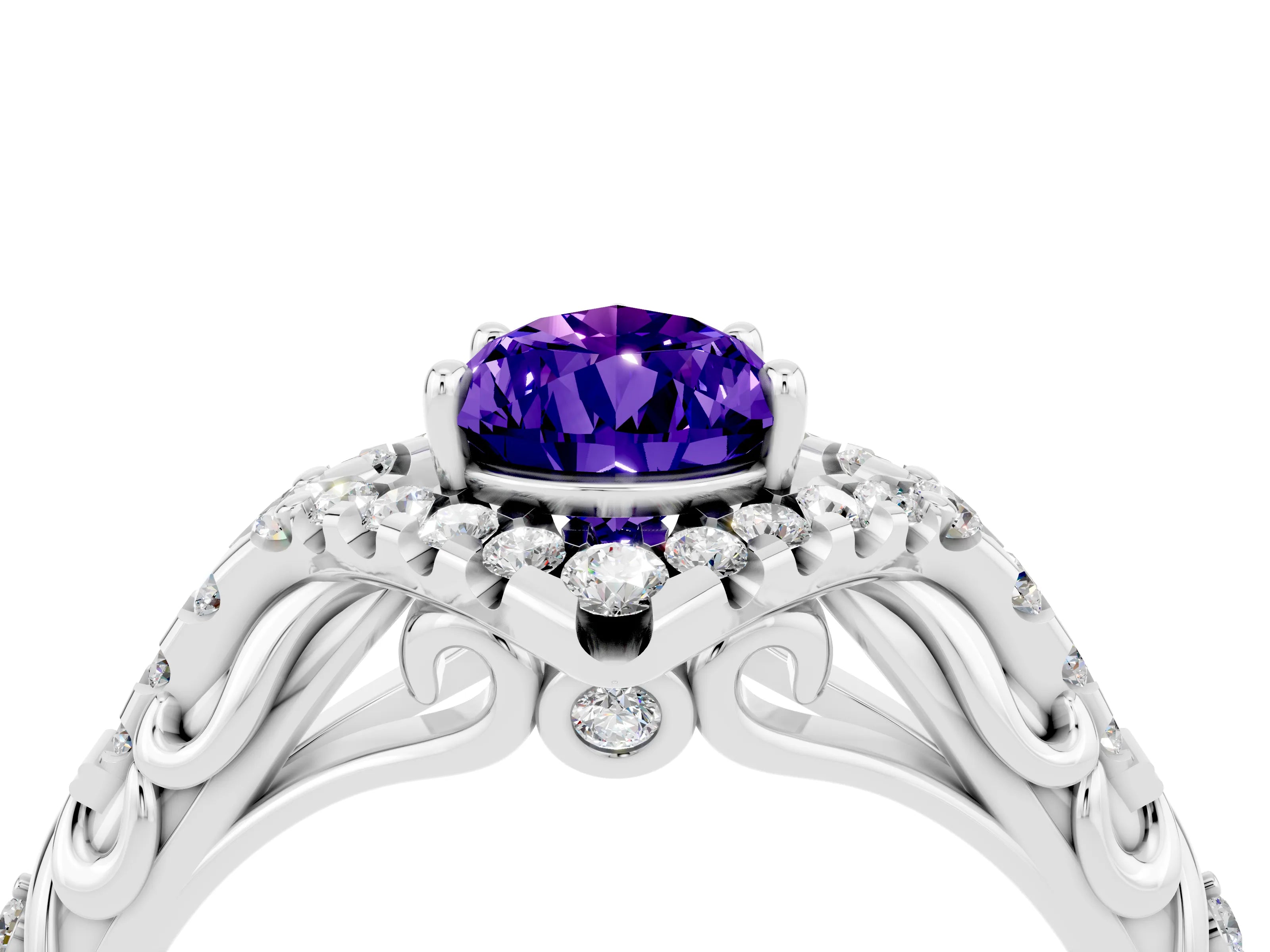 White gold Pear Cut Tanzanite Solitaire Ring with Hidden Halo and Pavé Band_16