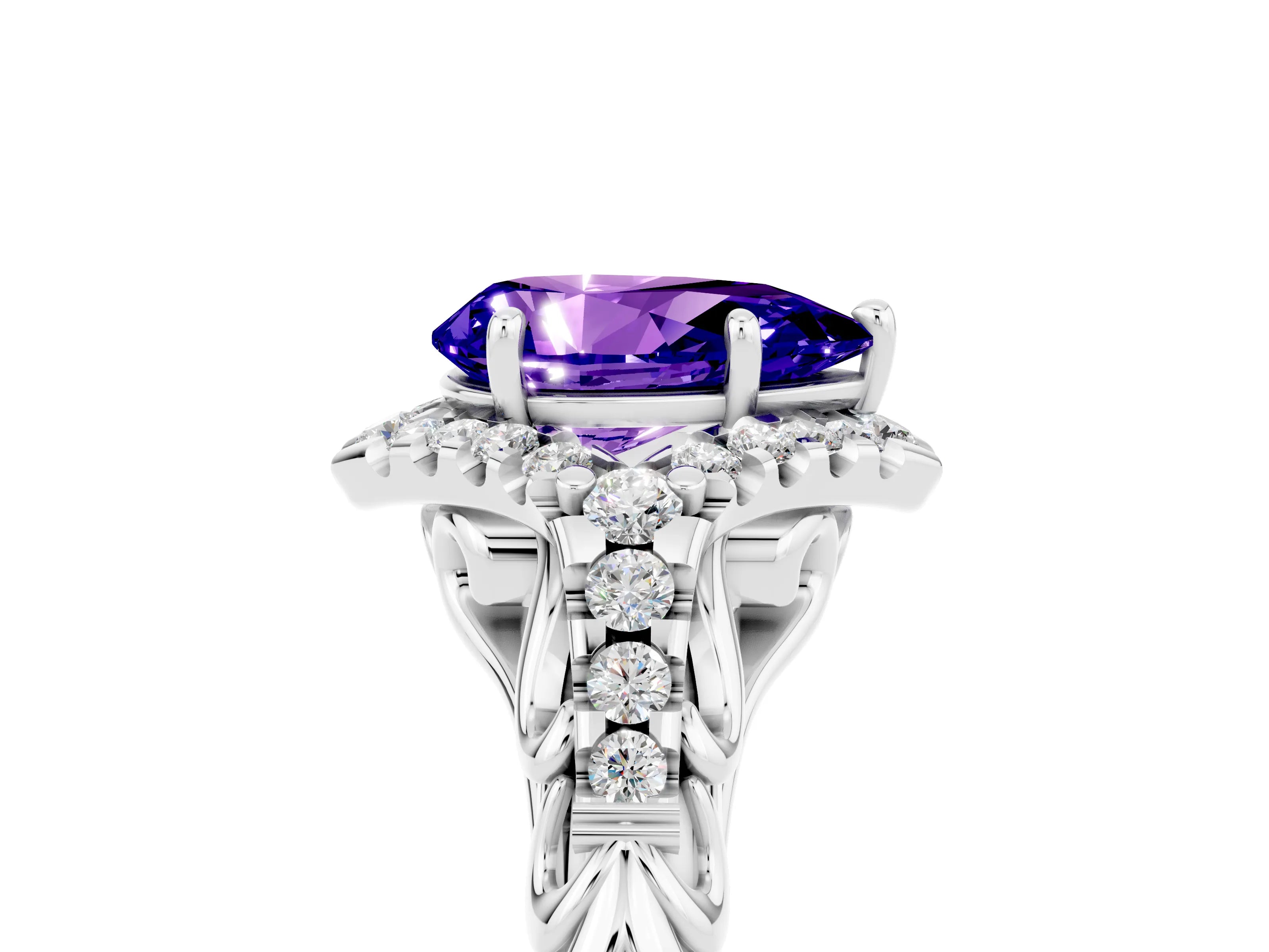 White gold Pear Cut Tanzanite Solitaire Ring with Hidden Halo and Pavé Band_17