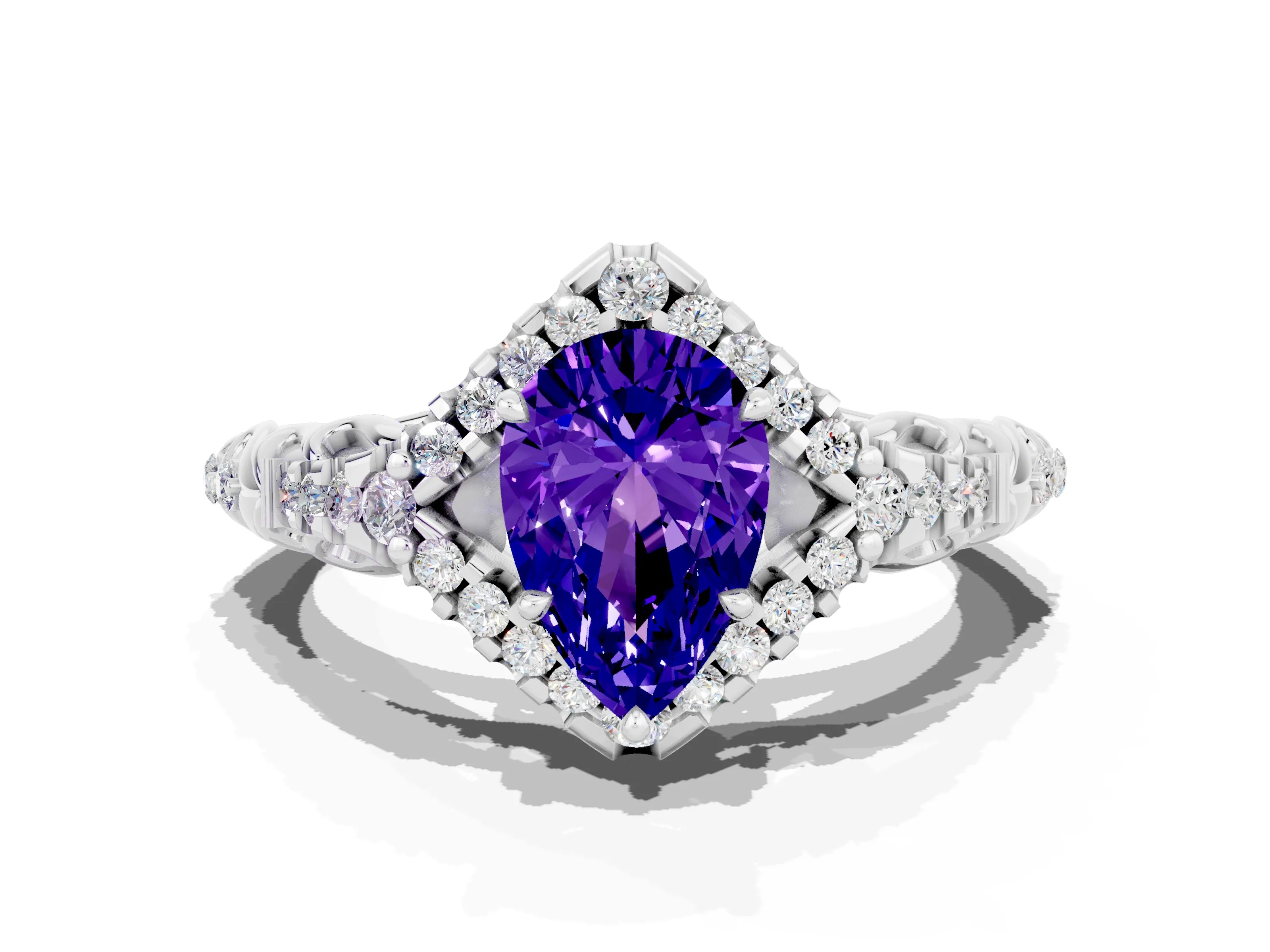 White gold Pear Cut Tanzanite Solitaire Ring with Hidden Halo and Pavé Band_18
