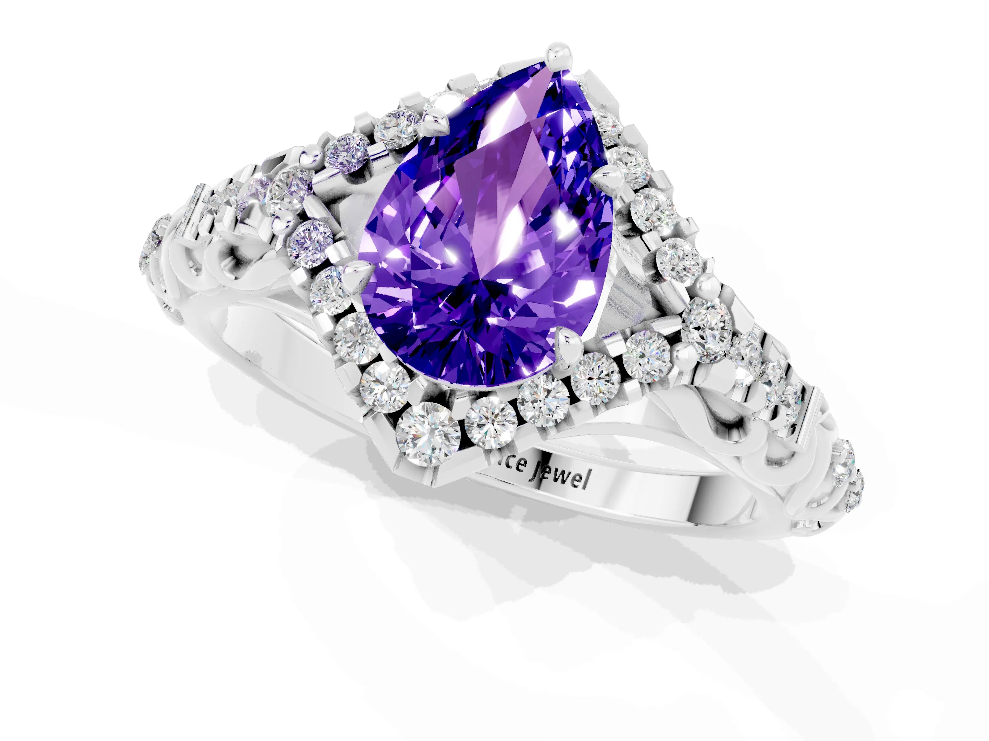White gold Pear Cut Tanzanite Solitaire Ring with Hidden Halo and Pavé Band_19