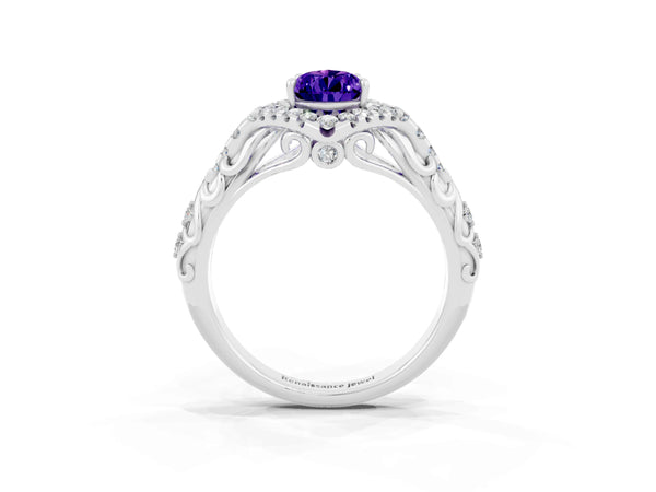 White gold Pear Cut Tanzanite Solitaire Ring with Hidden Halo and Pavé Band