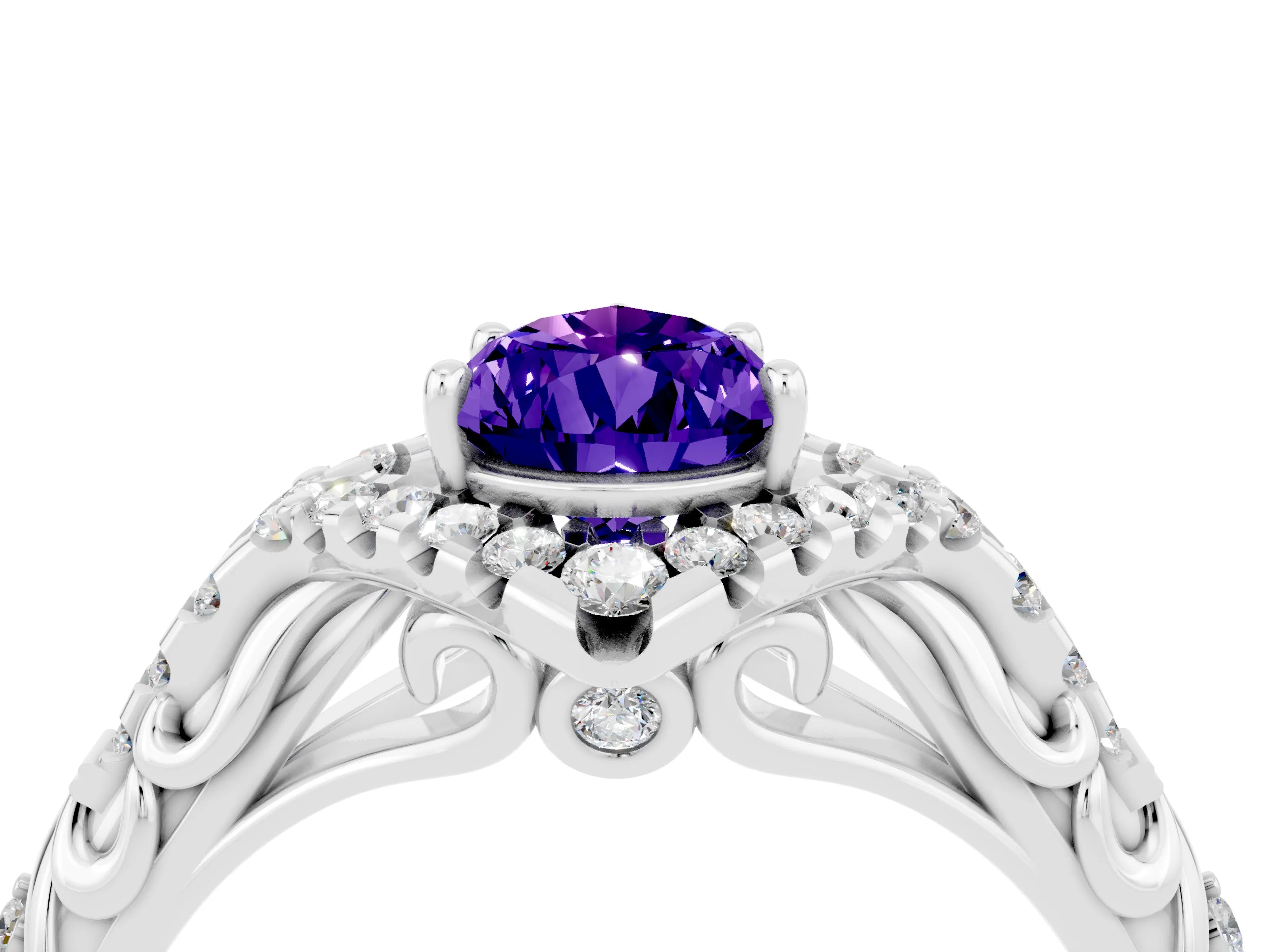 White gold Pear Cut Tanzanite Solitaire Ring with Hidden Halo and Pavé Band_22